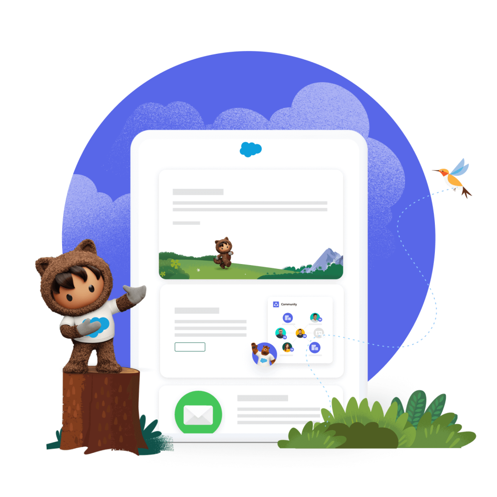 Salesforce mascot Astro standing on a tree log while presenting a slide.