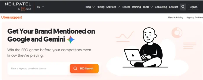 A screenshot of the Ubersuggest homepage telling brands they can get mentioned in Google and Gemini. 