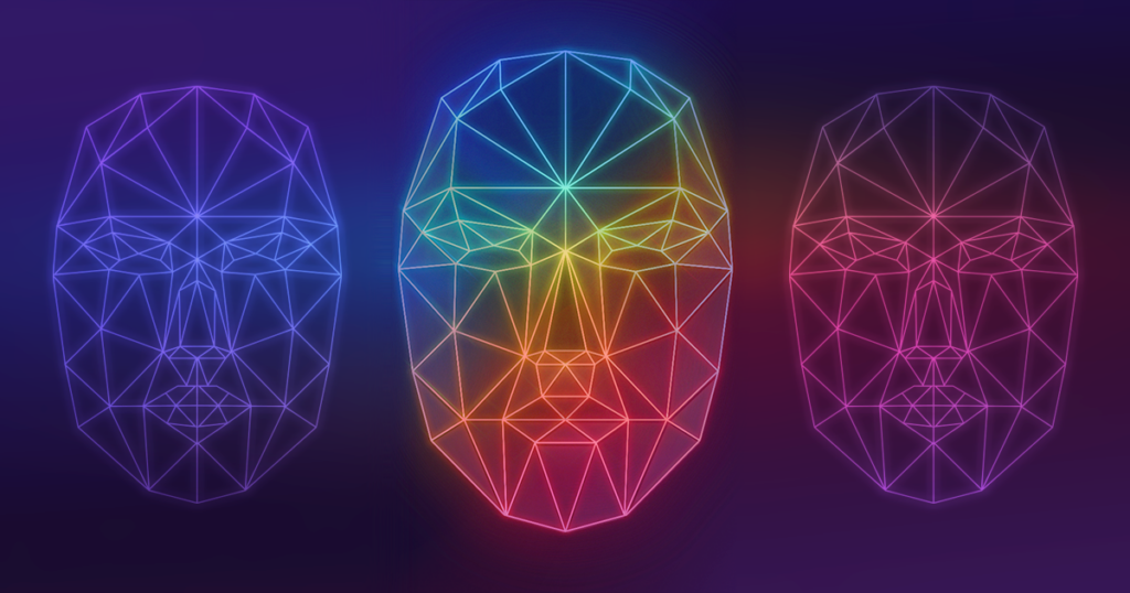 The angular outline of three faces as a computer might see them, colored like a rainbow