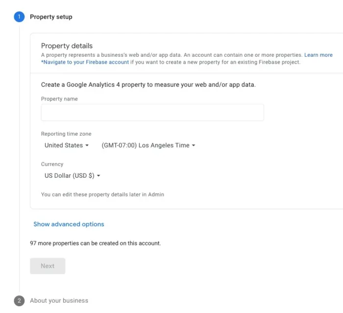 The GA4 property creation flow.