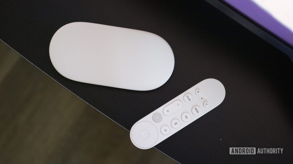 Google TV Streamer box and remote.